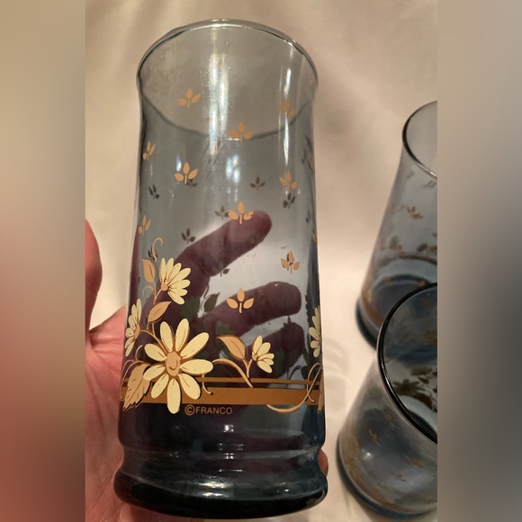 Vintage Libbey Franco Glass Tumblers Bolero Dusky Blue Daisy Flower Set Of 6 - Picture 4 of 8